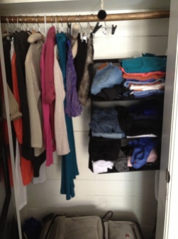 My "suitcase closet" - My aunt gave me this hanging drawer that easily fits into my suitcase for easy moving.